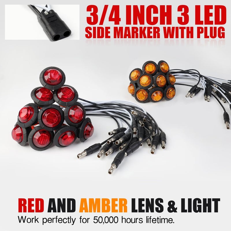 TMH 3/4 Inch LED Marker 10 Amber + 10 Red Light with Connector Plug Clearance Markers Side Marker Indicator Light Waterproof Universal Fits RV, Boat, Pickup Truck 12V DC (Pack of 20) - Image 3